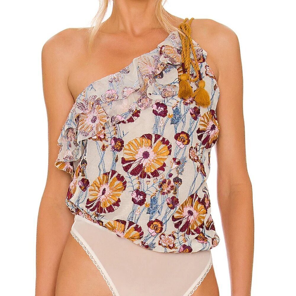 FREE PEOPLE PLUM COMBO "DAY DATE" EMBROIDRED FLORAL PRINT BODYSUIT Sz Medium